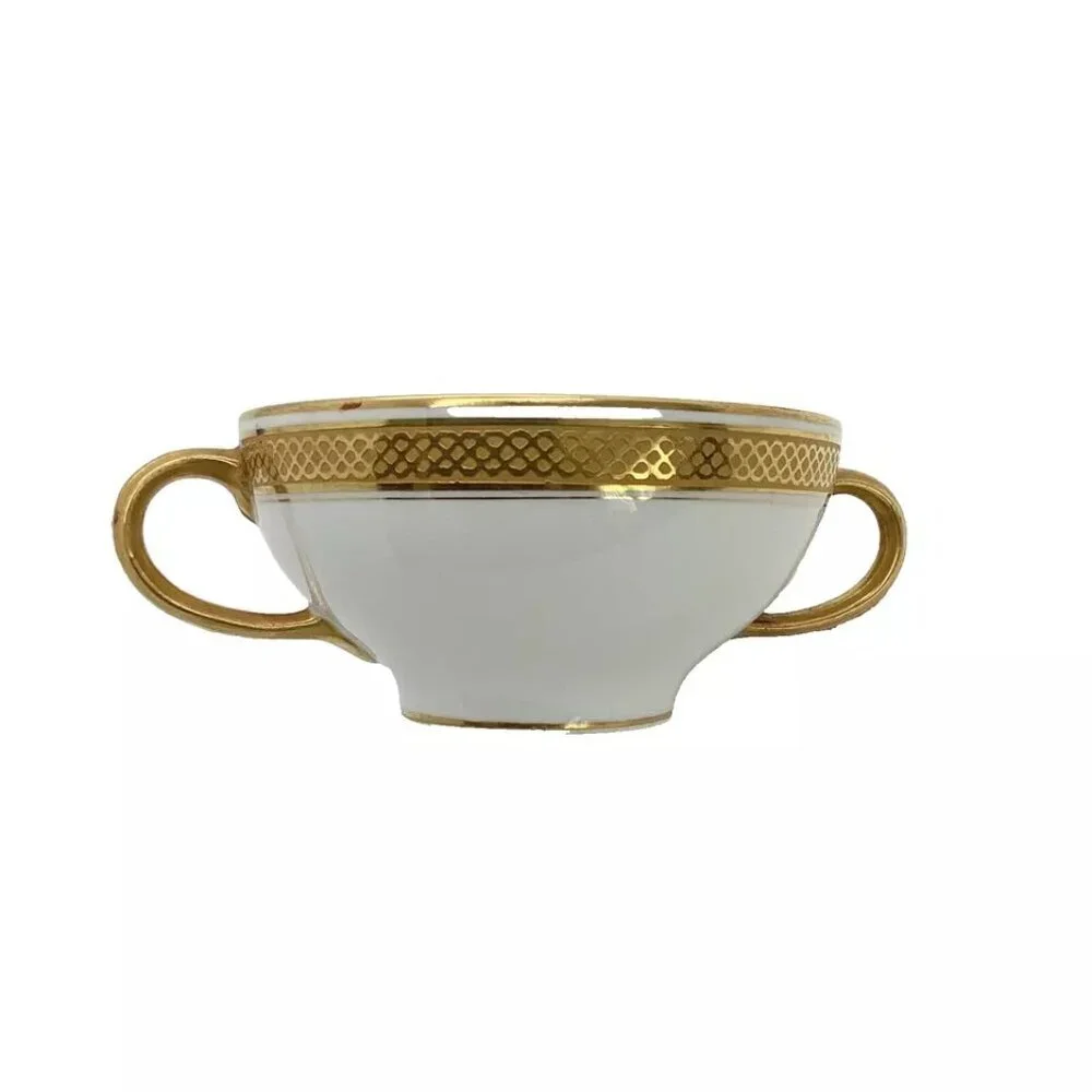 2 Limoges France W.G. & Co. Footed Bouillion Soup Cups Gold Bands Pattern GUE119